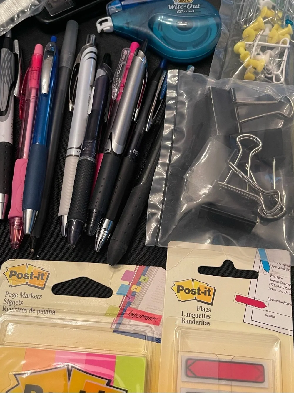 Office Supply Bundle Sticky Flags,Pens. Highlighters Stapler Clamps whiteout